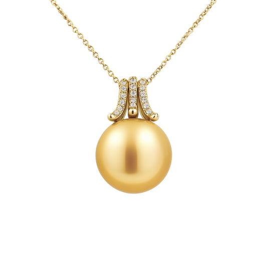 18K 13.8mm South Sea Golden Pearl 0.16cttw White Diamonds Designer Pendant