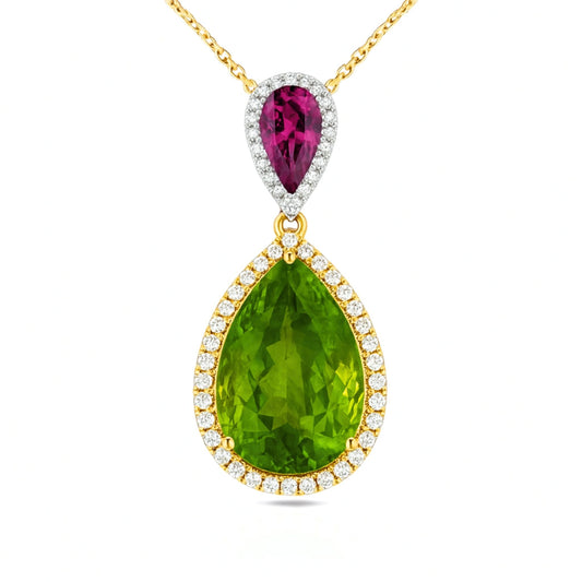 14K 14.89ct Pear Shape Green Paraiba 1.36ct Pear Shape Pink Paraiba 0.54cttw VS White Diamonds Pendant