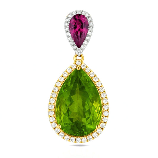 14K 14.89ct Pear Shape Green Paraiba 1.36ct Pear Shape Pink Paraiba 0.54cttw VS White Diamonds Pendant