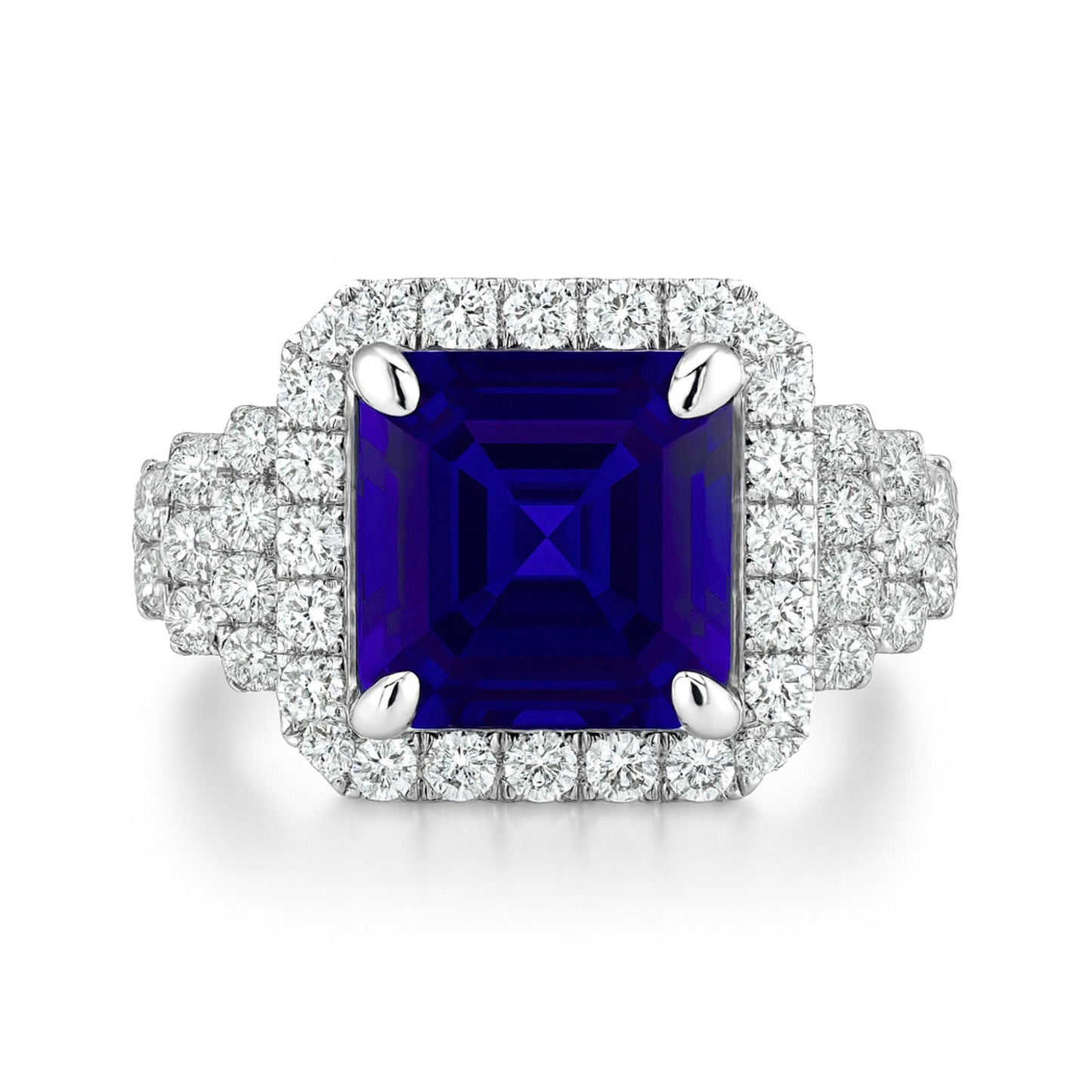 14K 6.22ct Asscher Cut Blue Wing Tanzanite 1.10cttw White Diamonds Ring