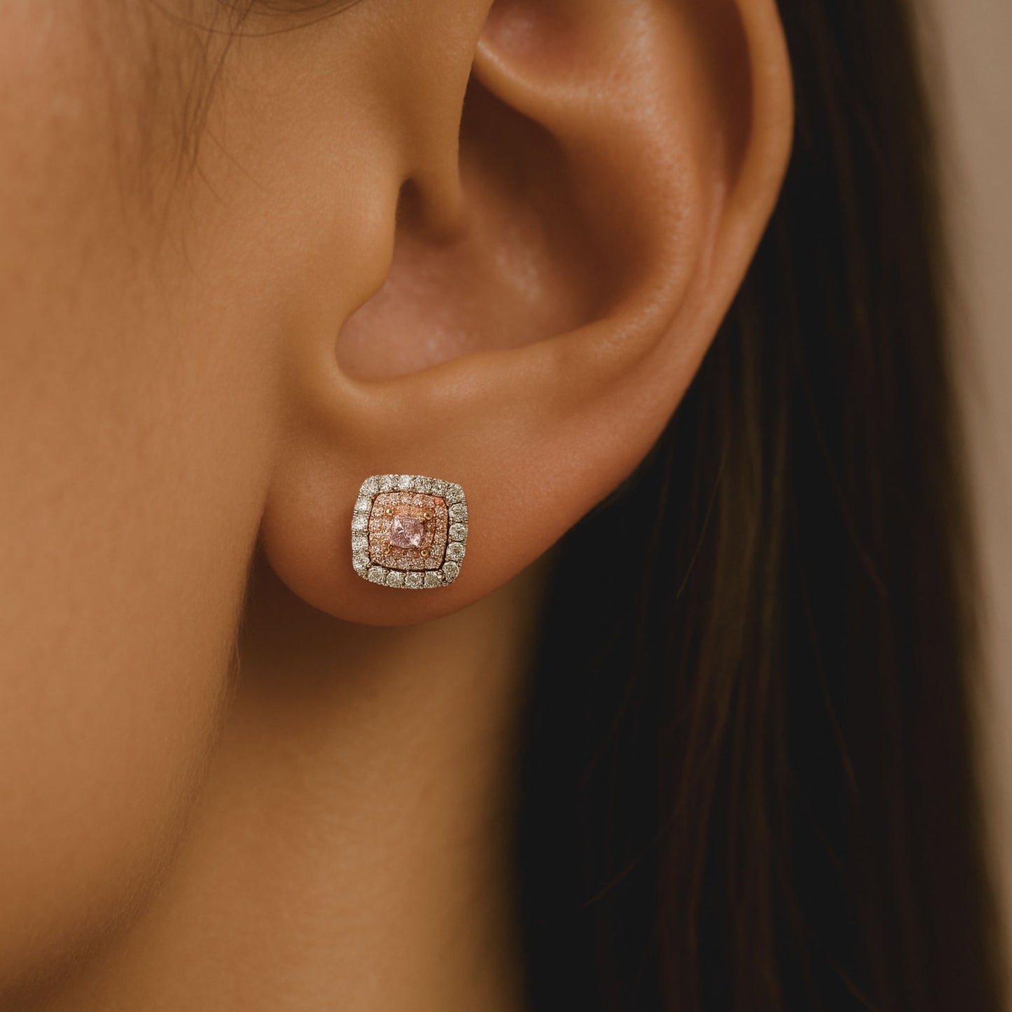 14K 0.14cttw Cushion Pink Diamond 0.52cttw Pink & White Diamond Stud Earrings