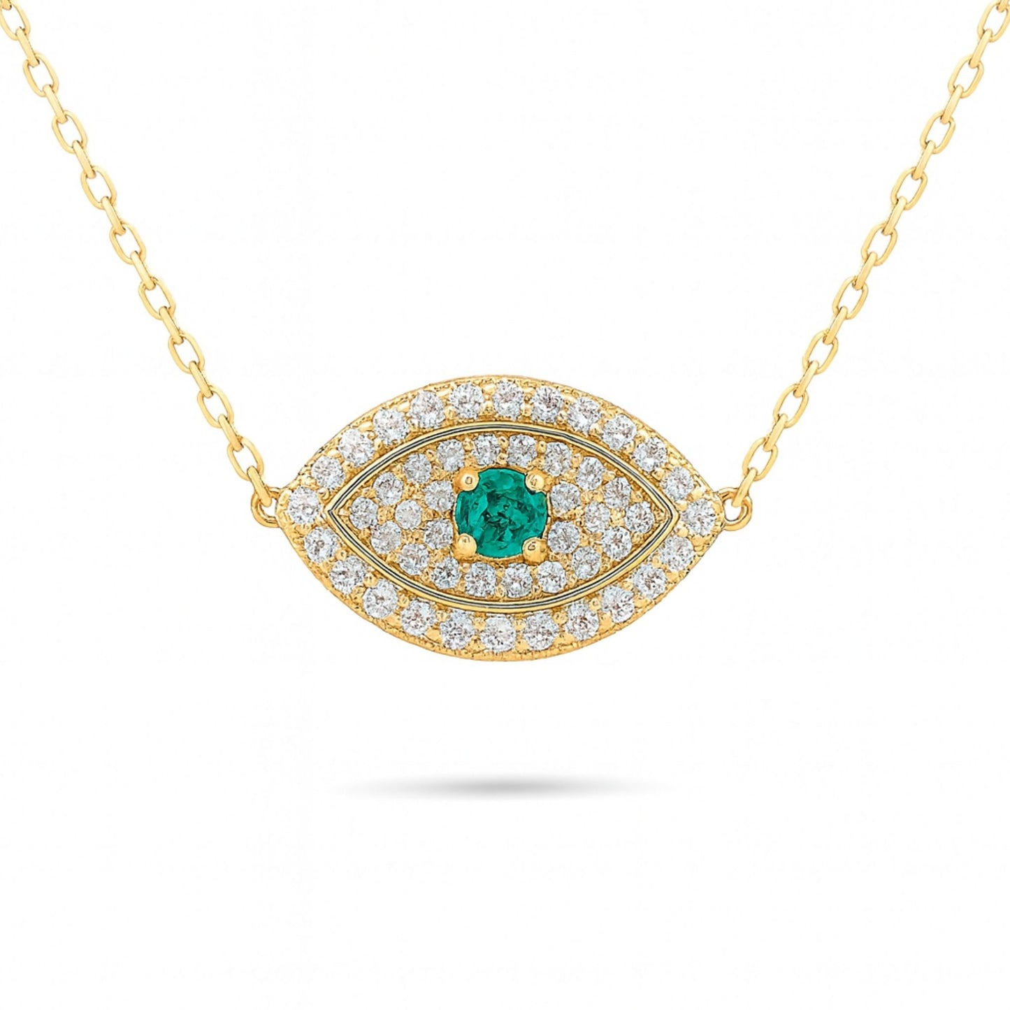 14K 0.15ct Round Colombian Emerald 0.53cttw VS White Diamonds Evil Eye Necklace