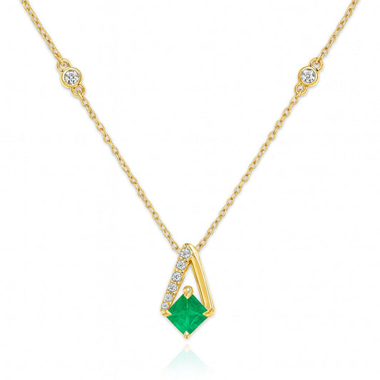 14K 0.15ct Asscher Cut Colombian Emerald 0.06cttw VS White Diamonds Necklace