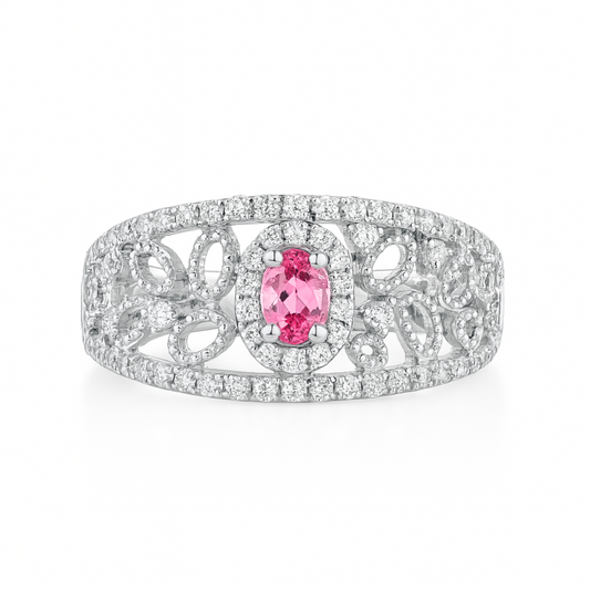 14K 0.20ct Oval Mahenge Pink Spinel 0.53cttw VS White Diamonds Ring