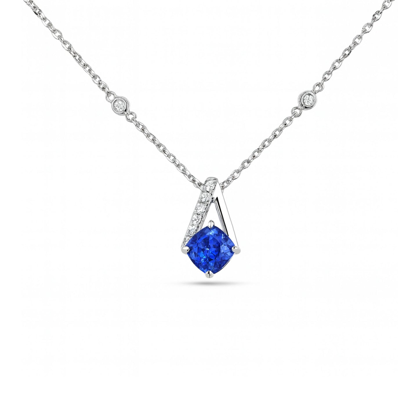14K 0.30ct Cushion Blue Sapphire 0.06cttw VS White Diamonds Necklace