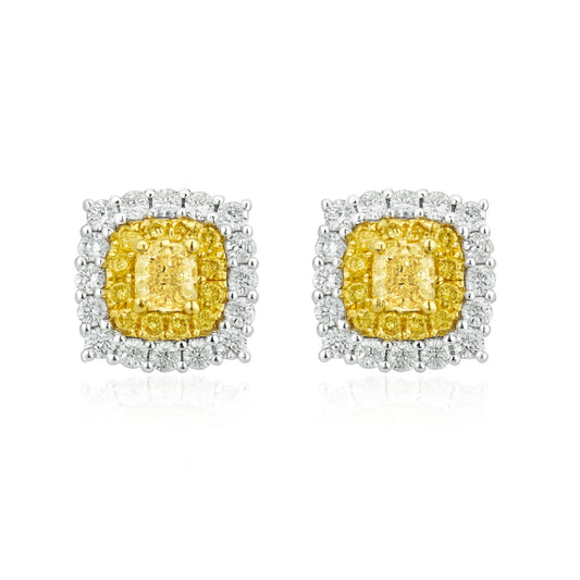 14K 0.40cttw Cushion VS Yellow Diamond 0.76cttw VS Yellow & White Diamonds Stud Earrings