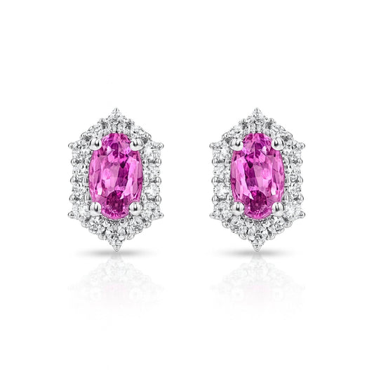 14K 0.60cttw Oval Pink Sapphire 0.2cttw White Diamonds Stud Earrings