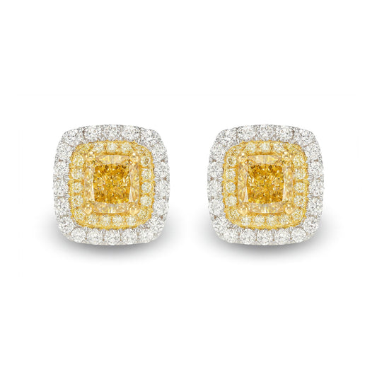 14K 0.67cttw Cushion Yellow Diamond 0.55cttw Yellow & White Diamond Stud Earrings