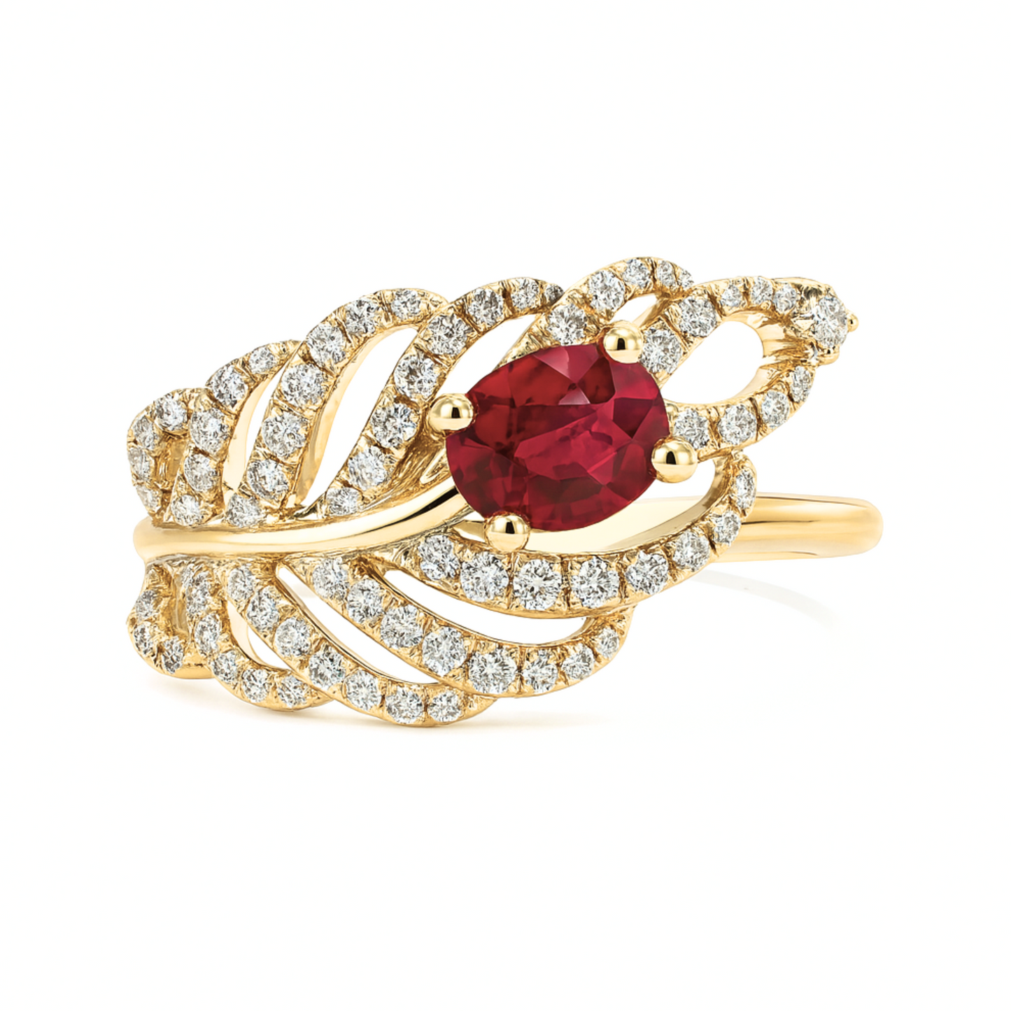 14K 0.70cttw Oval Burma Ruby 0.40cttw White Diamonds Feather Ring
