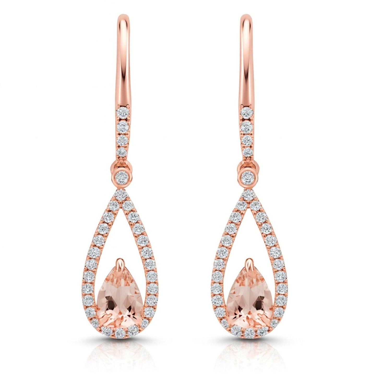 14K 0.70cttw Pear Shape Morganite 0.30cttw VS White Diamonds Drop Earrings