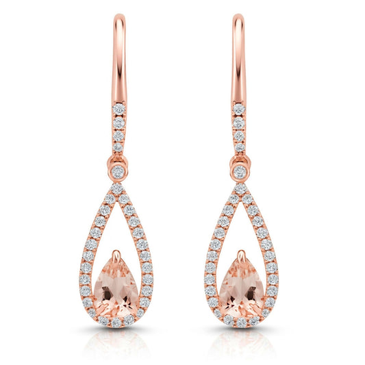 14K 0.70cttw Pear Shape Morganite 0.30cttw VS White Diamonds Drop Earrings