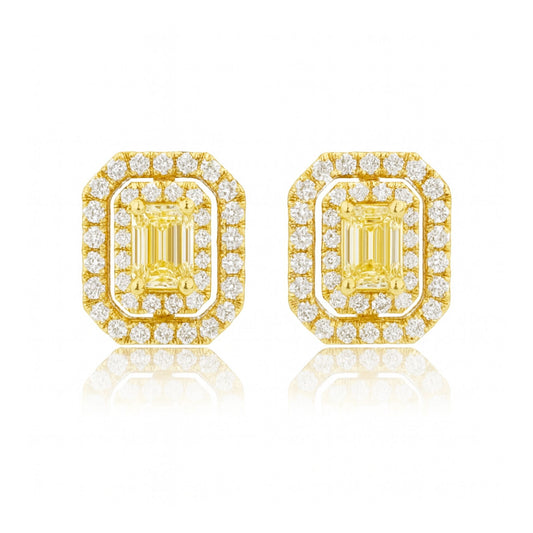 14K 0.85cttw Emerald Cut VS Yellow Diamond 0.34cttw VS White Diamonds Stud Earrings