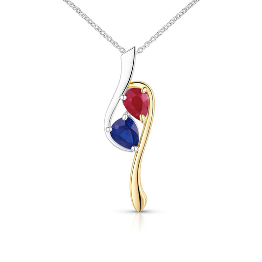 14K 0.88ct Pear Shape Blue Sapphire 0.85ct Pear Shape Burma Ruby Pendant