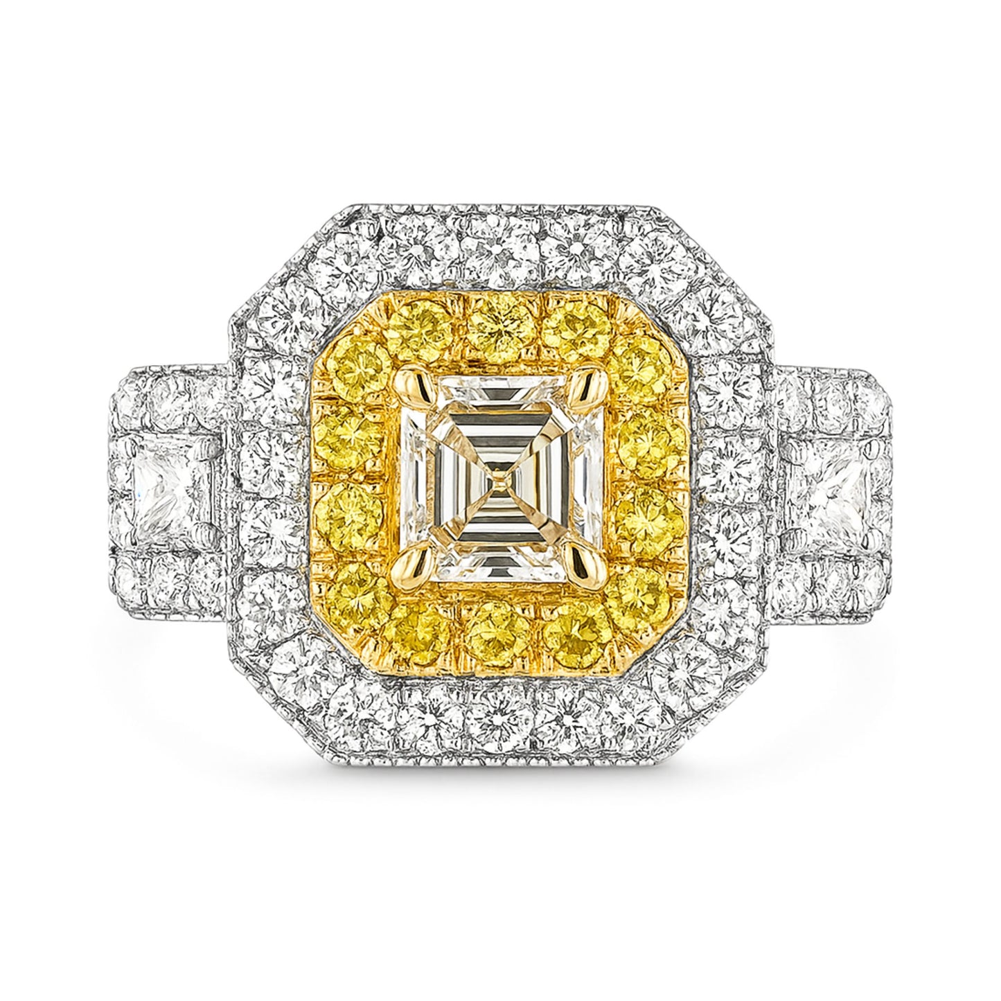 14K 1.00ct Asscher Cut VS Yellow Diamond 1.46cttw Yellow & White Diamonds Ring