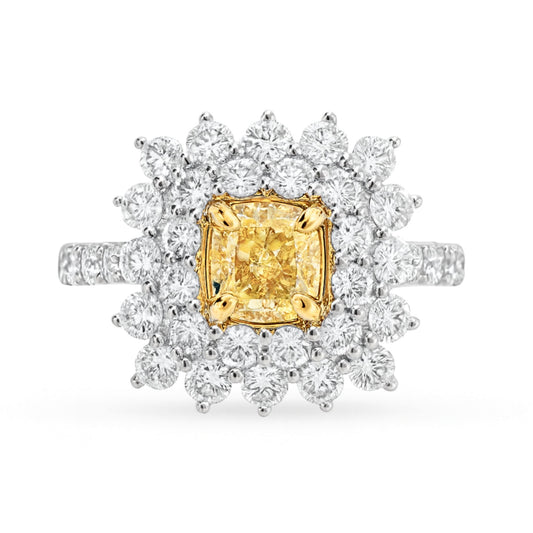 14K 1.00ct Cushion VS Yellow Diamond 1.96cttw VS White Diamonds Ring