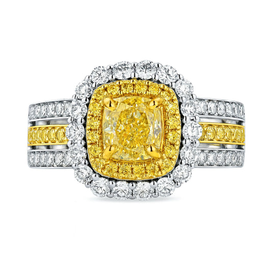 14K 1.00ct Cushion Yellow Diamond 1.15cttw VS Yellow & White Diamonds Ring