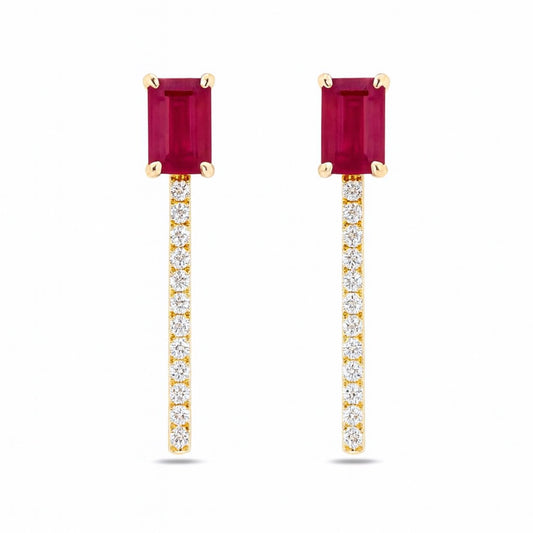 14K 1.16cttw Emerald Cut Burma Ruby 0.15cttw White Diamonds Earrings