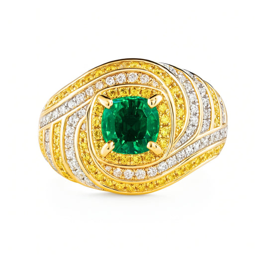 14K 1.22ct Round Colombian Emerald 1.13cttw VS Yellow & White Diamonds Ring