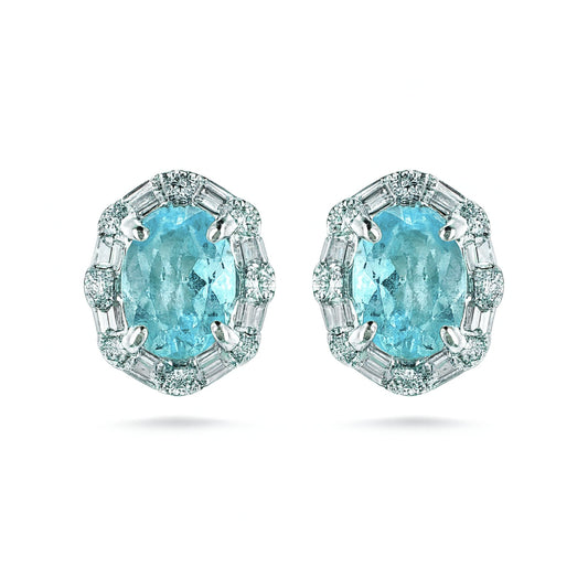 14K 1.26cttw Oval Paraiba 0.27cttw Baguette & Round VS White Diamond Stud Earrings