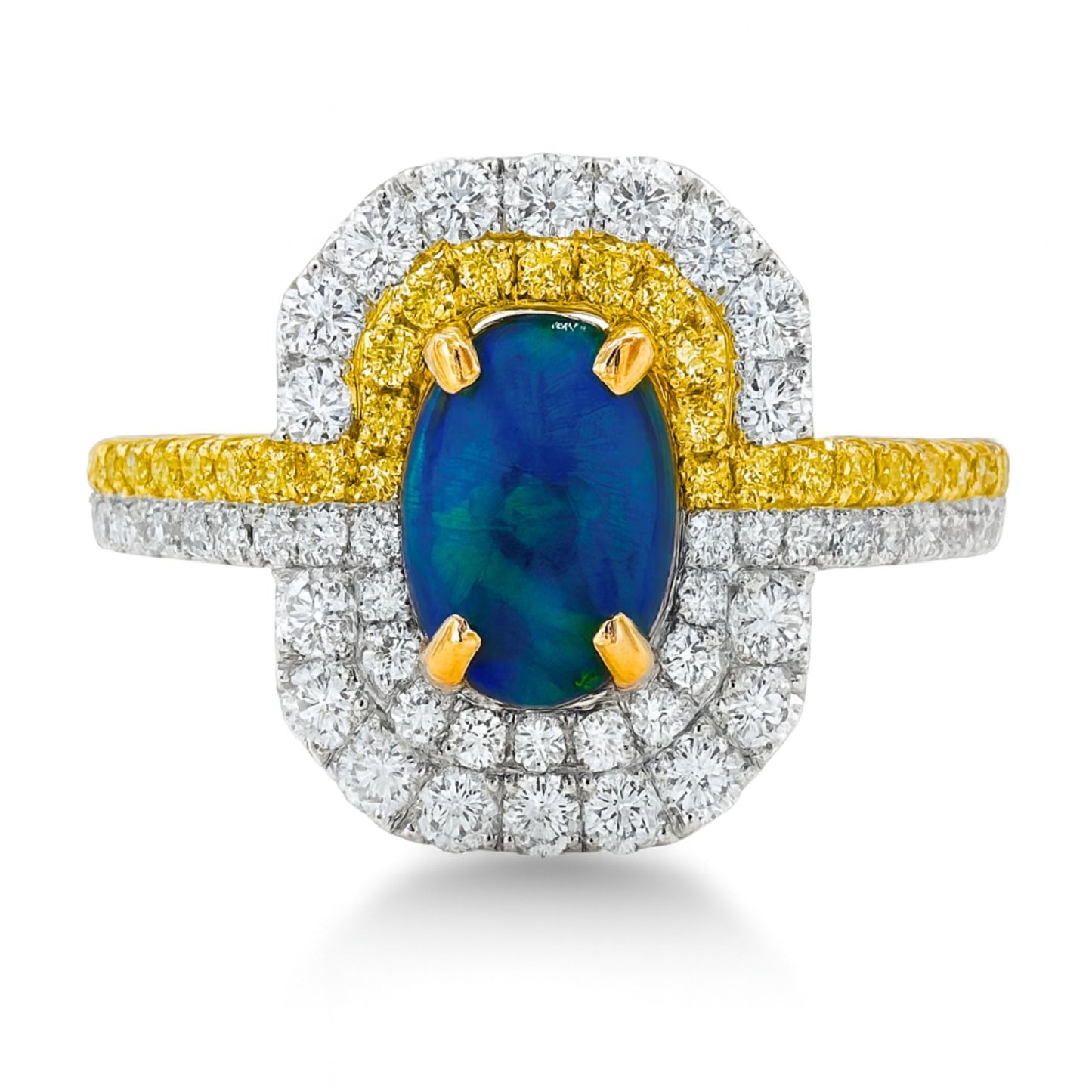 14K 1.38ct Oval Black Opal 1.02cttw VS Yellow & White Diamonds Ring