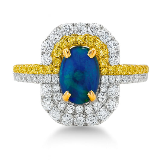 14K 1.38ct Oval Black Opal 1.02cttw VS Yellow & White Diamonds Ring