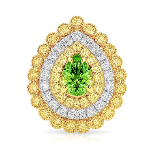 14K 1.47ct Pear Shape Merelani Mint Garnet 1.85cttw VS Yellow & White Diamonds Ring