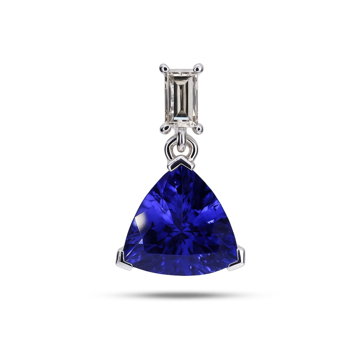 14K 1.54cttw Trilliant Blue Wing Tanzanite 0.14cttw Baguette VS White Diamond Pendant
