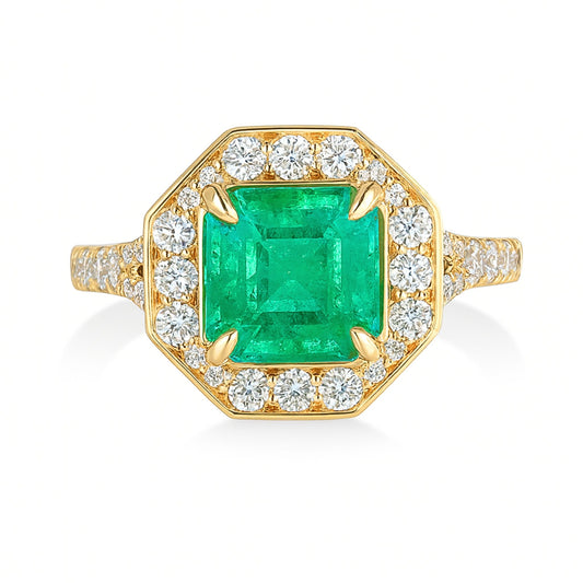14K 1.57ct Asscher Cut Colombian Emerald 0.58cttw VS White Diamonds Ring