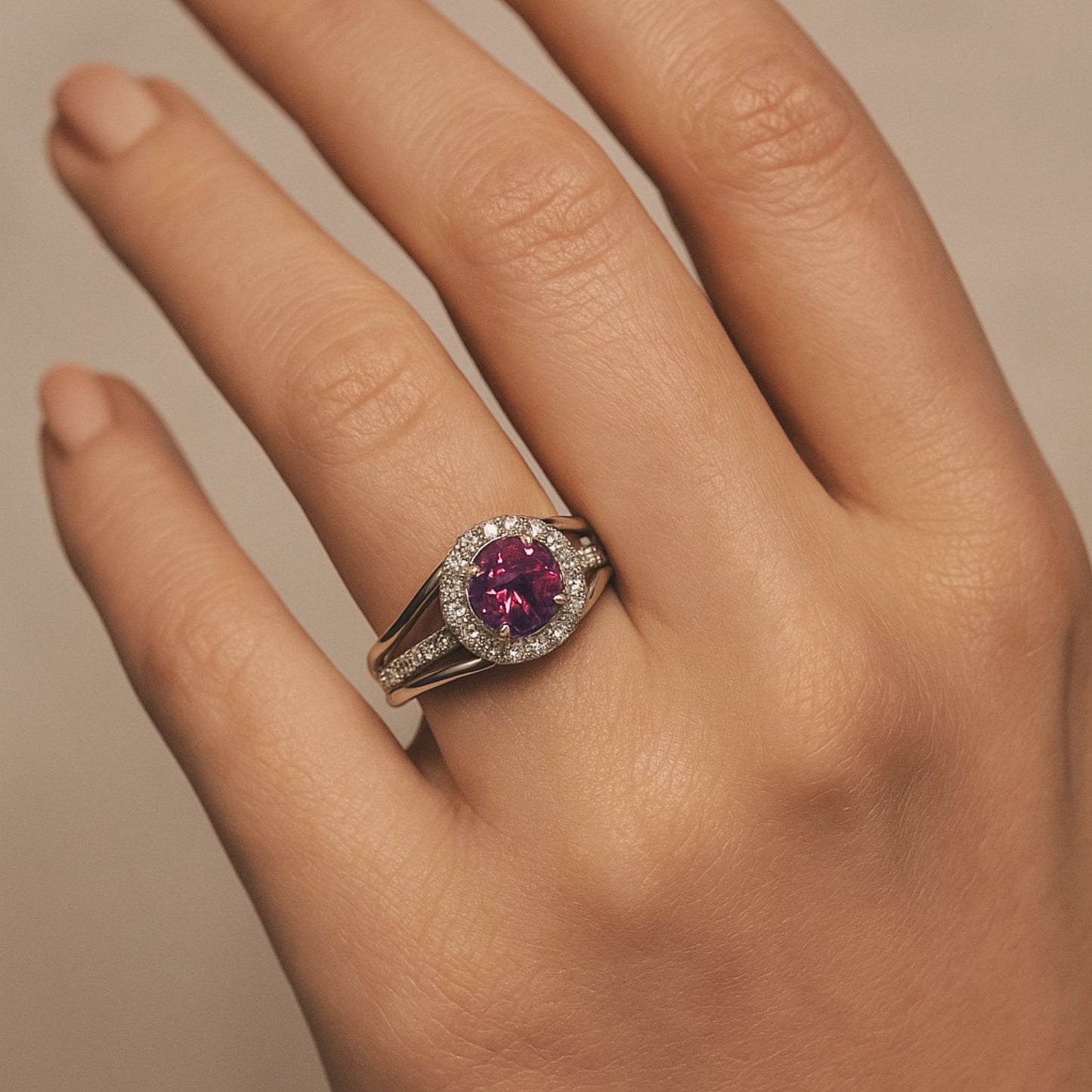 14K 1.60ct Round Malaya Garnet 0.67cttw VS White Diamonds Ring