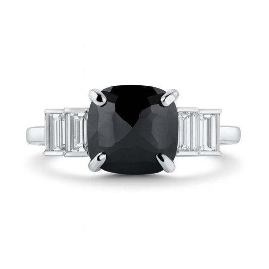 14K 1.64ct Cushion Black Diamond 0.45cttw Baguette VS White Diamond Ring