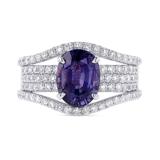 14K 1.68ct Oval Unheated Purple Sapphire 1.05cttw VS White Diamonds Ring