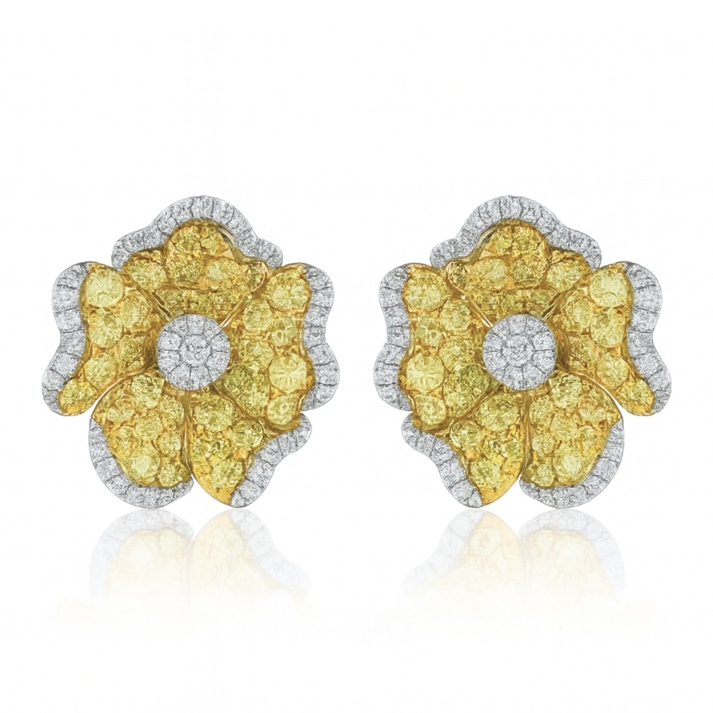 14K 2.05cttw Round Yellow & White Diamond Flower Stud Earrings