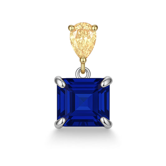 14K 1.73ct Asscher Cut Blue Wing Tanzanite 0.16ct Pear Shape VS Yellow Diamond Pendant