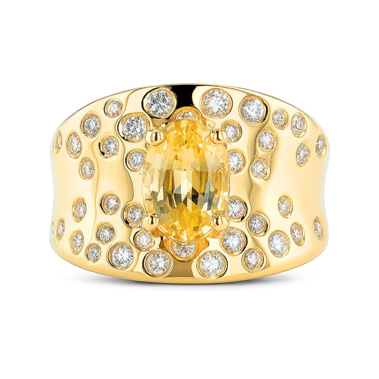 14K 1.77ct Oval Unheated Yellow Sapphire 0.53cttw VS White Diamonds Ring