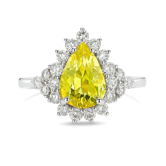 14K 1.90ct Pear Shape Unheated Yellow Sapphire 0.53cttw VS White Diamonds Ring