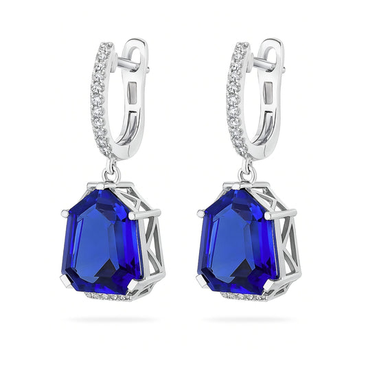 14K 12.10cttw Fancy Cut Blue Wing Tanzanite 0.18cttw White Diamonds Drop Earrings