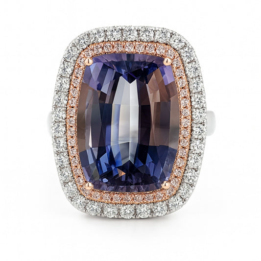 14K 12.68ct Cushion Unheated Pink Tanzanite 1.00cttw Pink & White Diamonds Ring