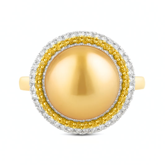 14K 12mm South Sea Golden Pearl 0.54cttw VS Yellow & White Diamonds Ring