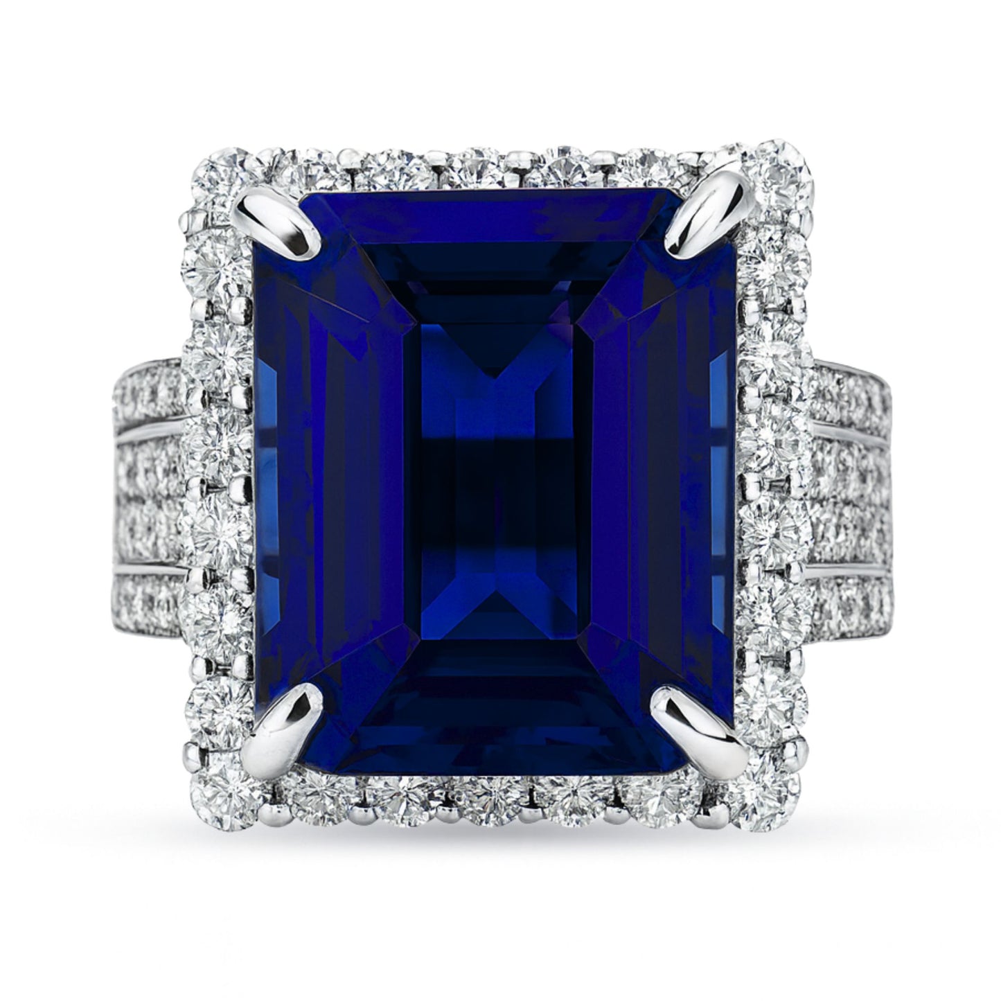 14K 13.25ct Emerald Cut Blue Wing Tanzanite 2.10cttw VS White Diamonds Ring