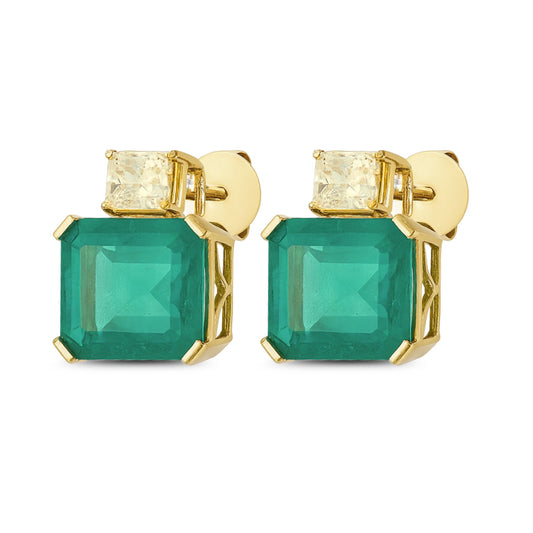 14K 13.26cttw Emerald Cut Colombian Emerald 1.42cttw Cushion VS Yellow Diamond Stud Earrings