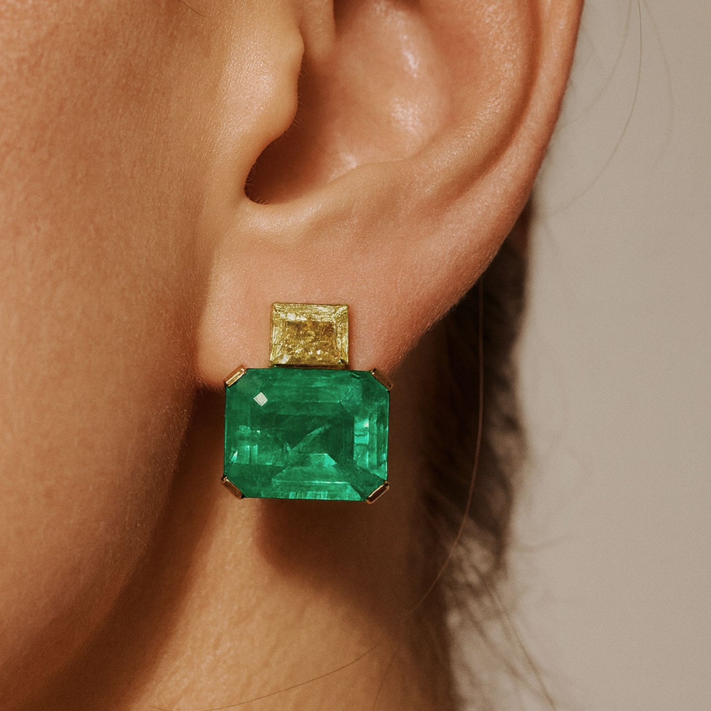 14K 13.26cttw Emerald Cut Colombian Emerald 1.42cttw Cushion VS Yellow Diamond Stud Earrings