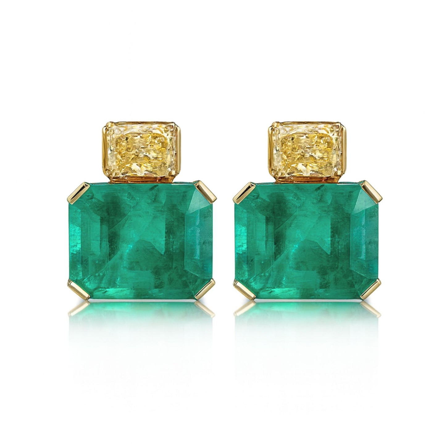 14K 13.26cttw Emerald Cut Colombian Emerald 1.42cttw Cushion VS Yellow Diamond Stud Earrings