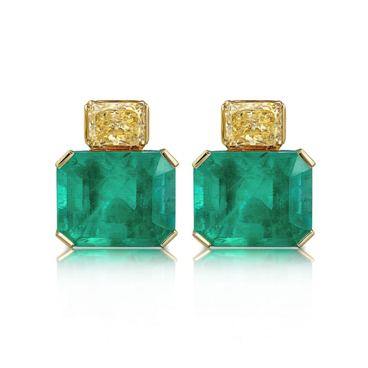 14K 13.26cttw Emerald Cut Colombian Emerald 1.42cttw Cushion VS Yellow Diamond Stud Earrings
