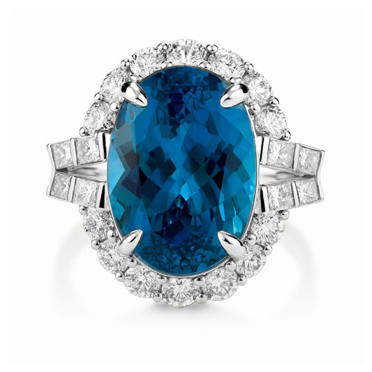 14K 14.44ct Oval Blue Zircon 1.31cttw VS White Diamonds Ring