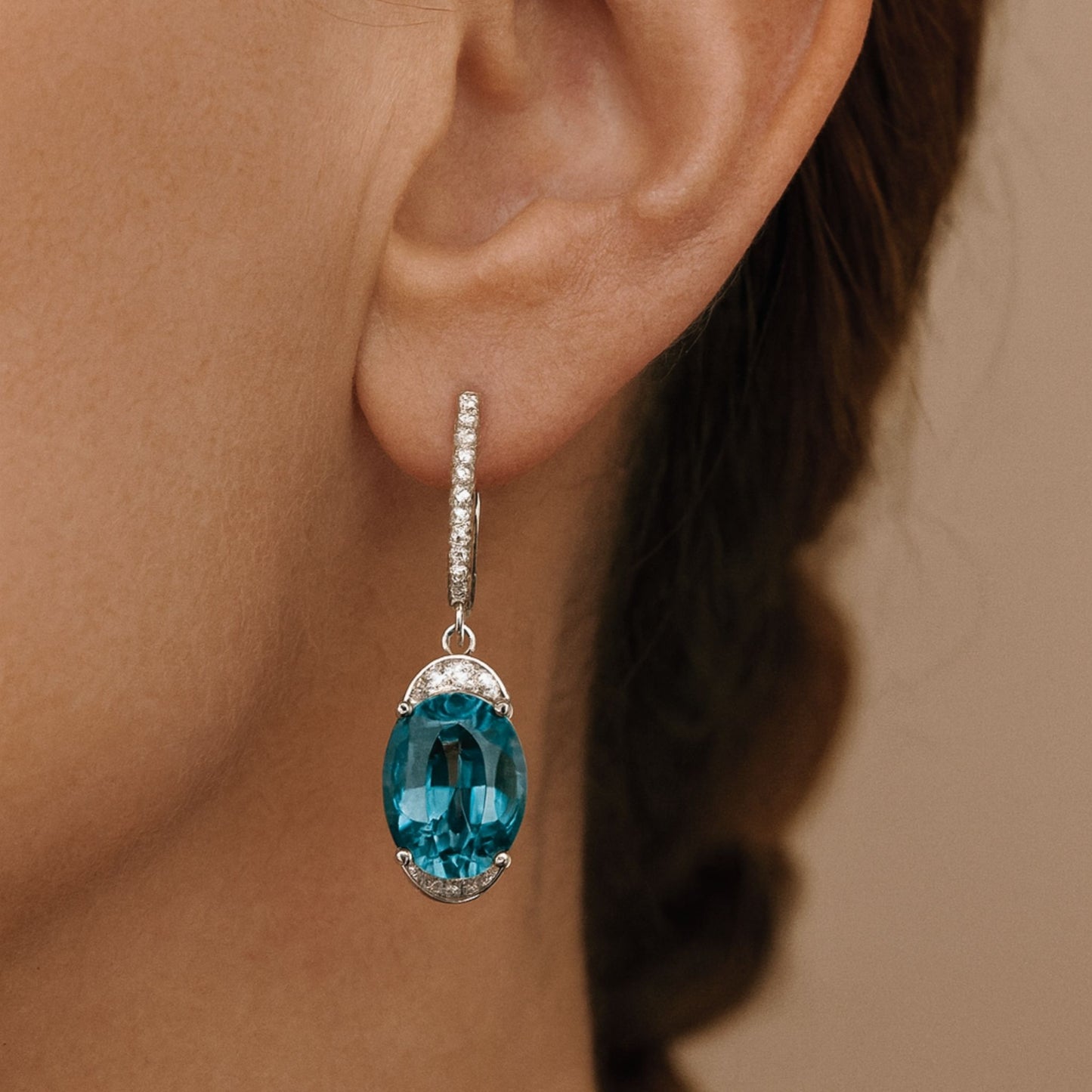 14K 15.35cttw Oval Blue Zircon 0.20cttw VS White Diamonds Drop Earrings