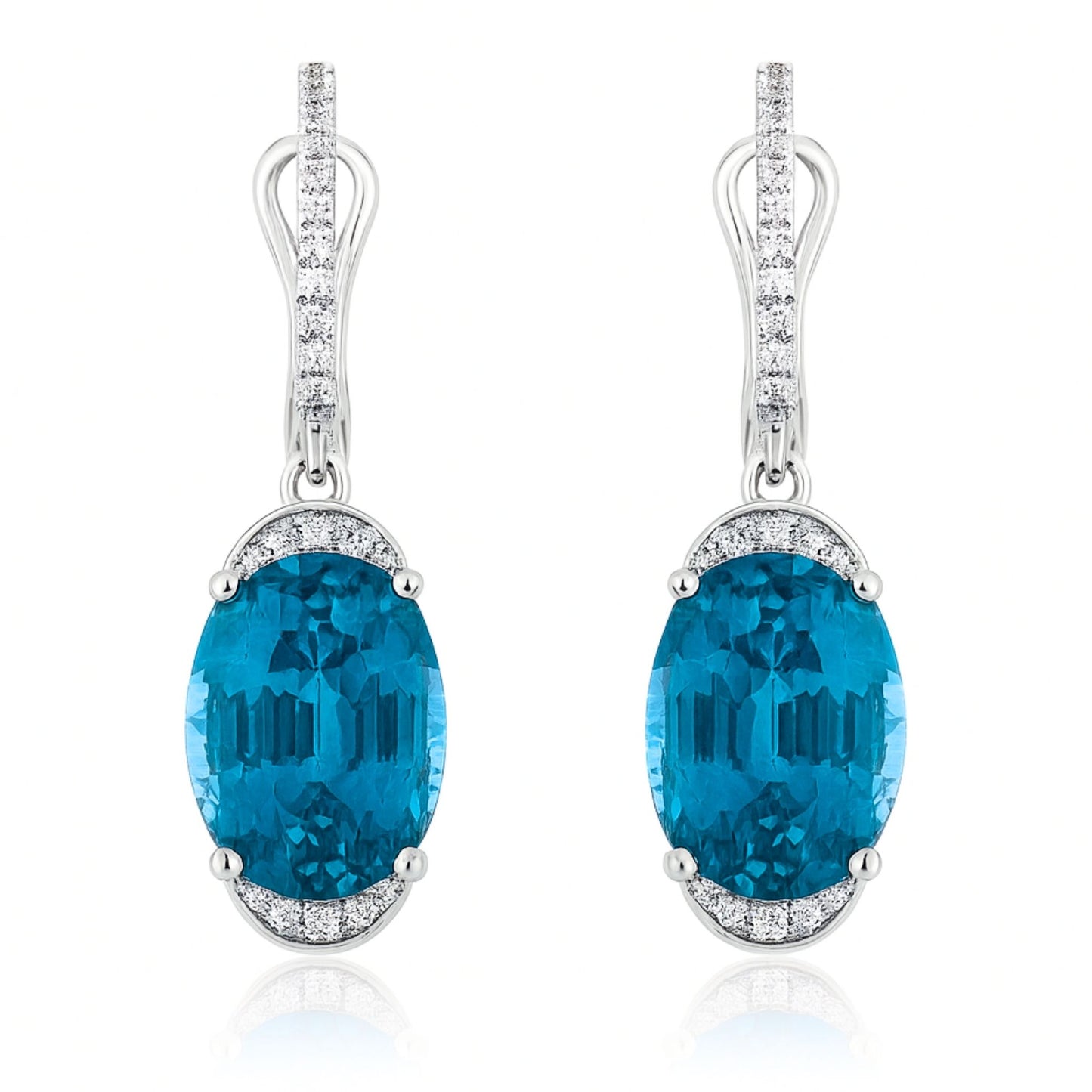 14K 15.35cttw Oval Blue Zircon 0.20cttw VS White Diamonds Drop Earrings