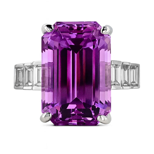14K 15.80ct Emerald Cut Kunzite 0.73cttw Baguette VS White Diamond Ring