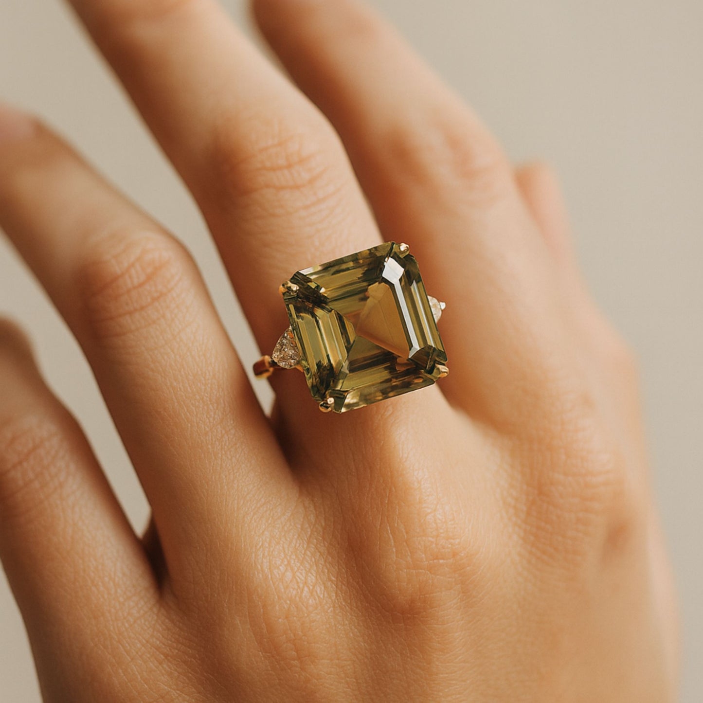 14K 16.02ct Asscher Cut Color Change Diaspore 0.38cttw Pear Shape VS Yellow Diamond Ring