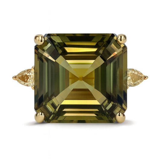 14K 16.02ct Asscher Cut Color Change Diaspore 0.38cttw Pear Shape VS Yellow Diamond Ring