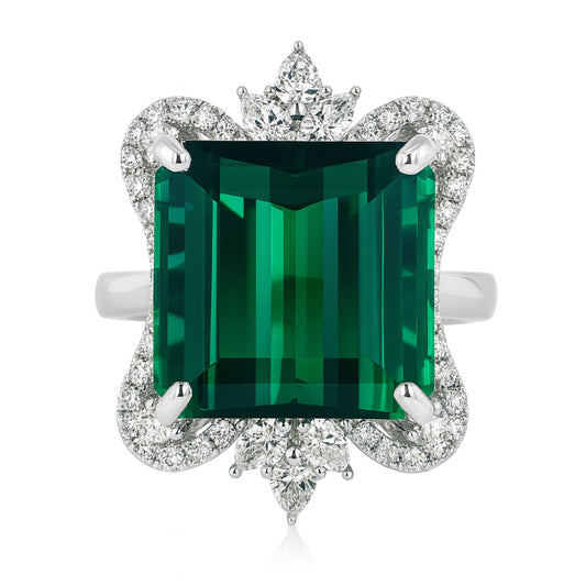 14K 16.38ct Emerald Cut Green Tourmaline 1.02cttw Pear Shape & Round VS White Diamonds Ring
